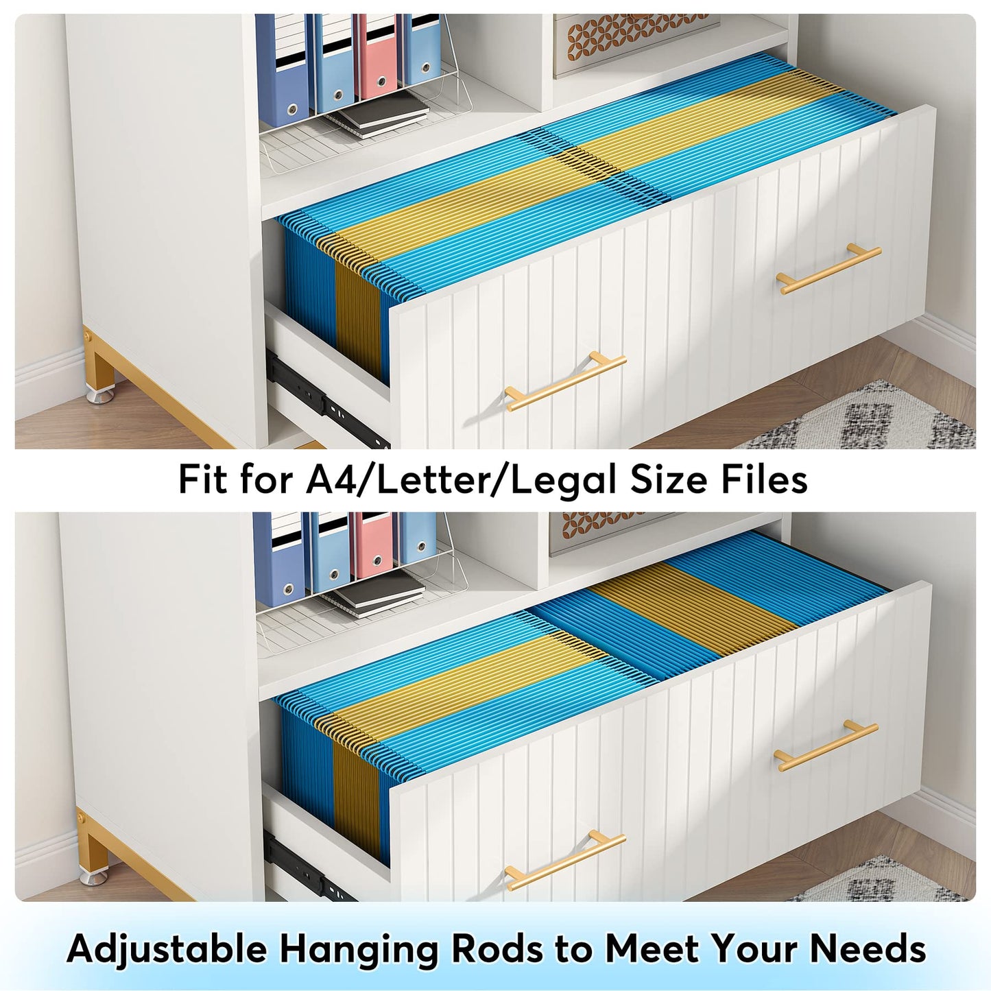 Tribesigns Lateral File Cabinet with Drawer, White Filing Cabinet for Letter/Legal/A4 Size Files, 35.4" Modern Wood File Storage Cabinets Printer Stand with Storage for Home, Office, White Gold