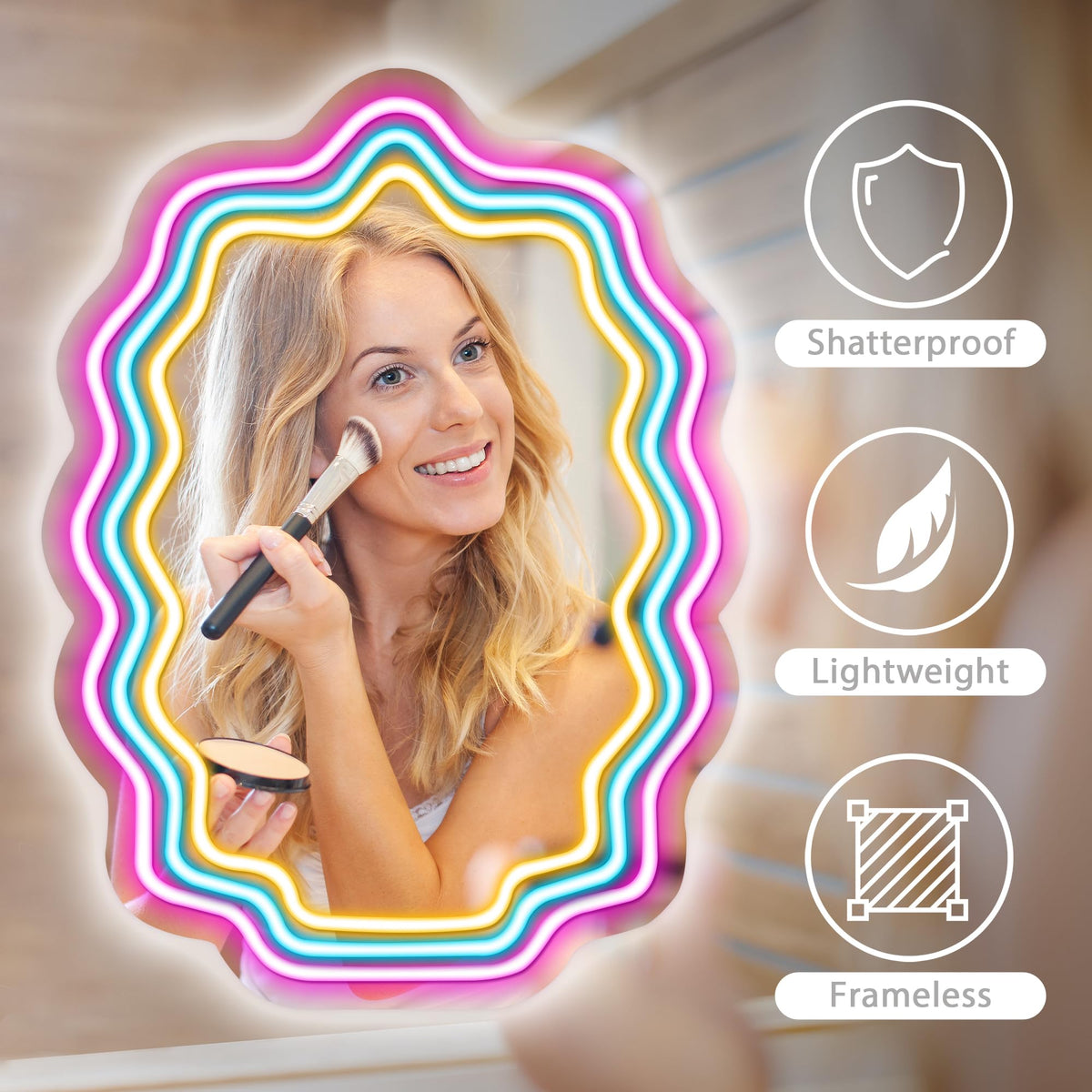 Kavaas Wavy Neon Mirror 16.9" x 12.7", LED Wave Mirror with Lights for Bedroom, Girls Room - Best Gifts for Teen Girls, Birthday, Christmas