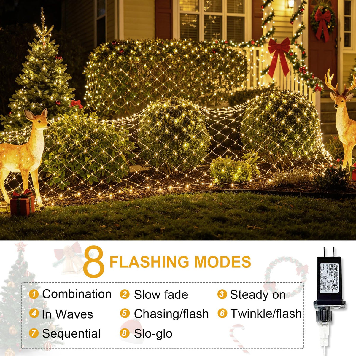 (Upgraded) Outdoor Christmas Lights, 360 LED Christmas Net Lights, 12x5Ft Outdoor String Lights, 8 Modes Waterproof Christmas Decorations for New Year, Bushes, Gardens, Lawns, Patio - Warmwhite