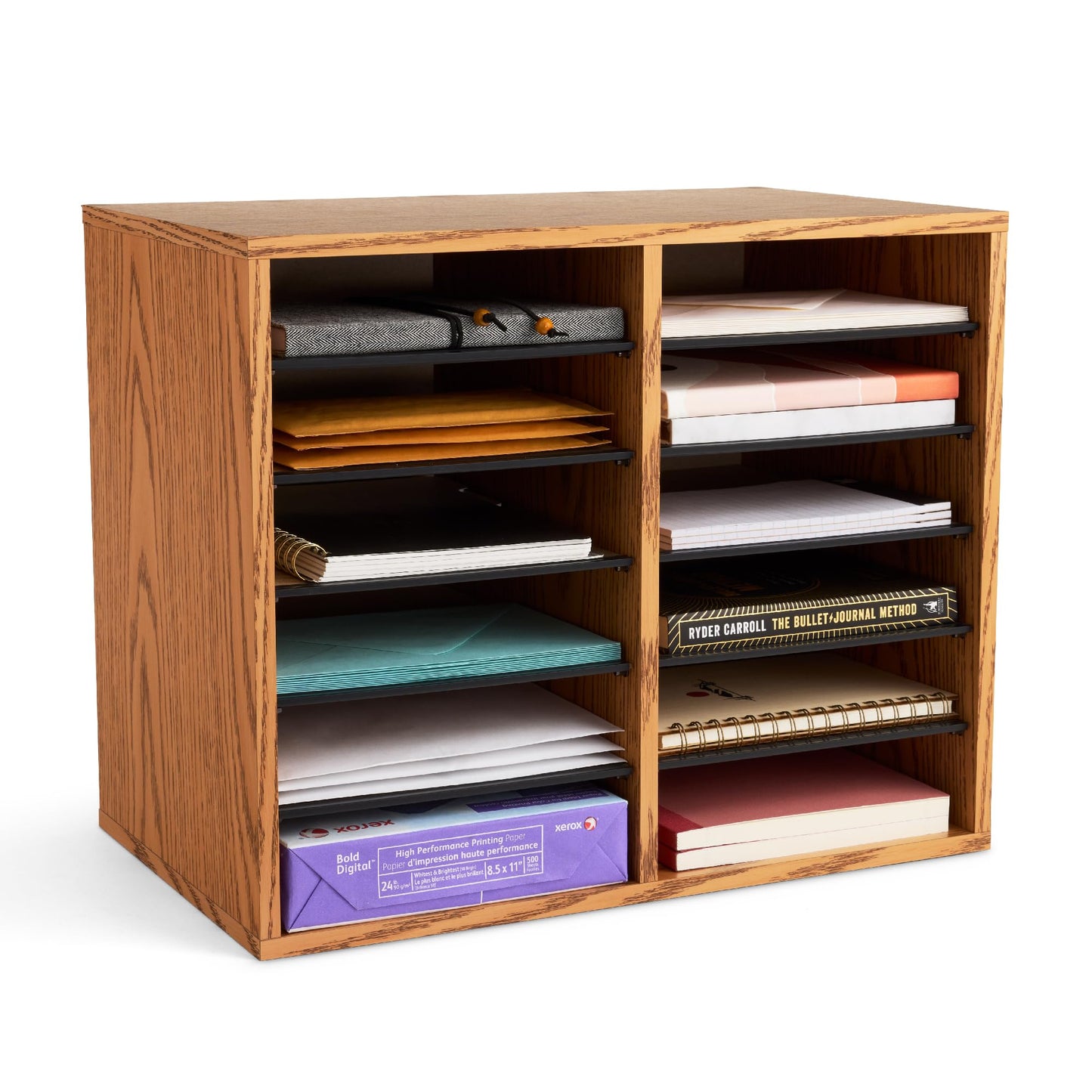 Safco 9420MO Adjustable Literature & Paper Organizer, 12 Compartment Mailbox Cubby, Great for Home, Office, Classroom Organization, Medium Oak Wood , Durable Construction, Removable Shelves