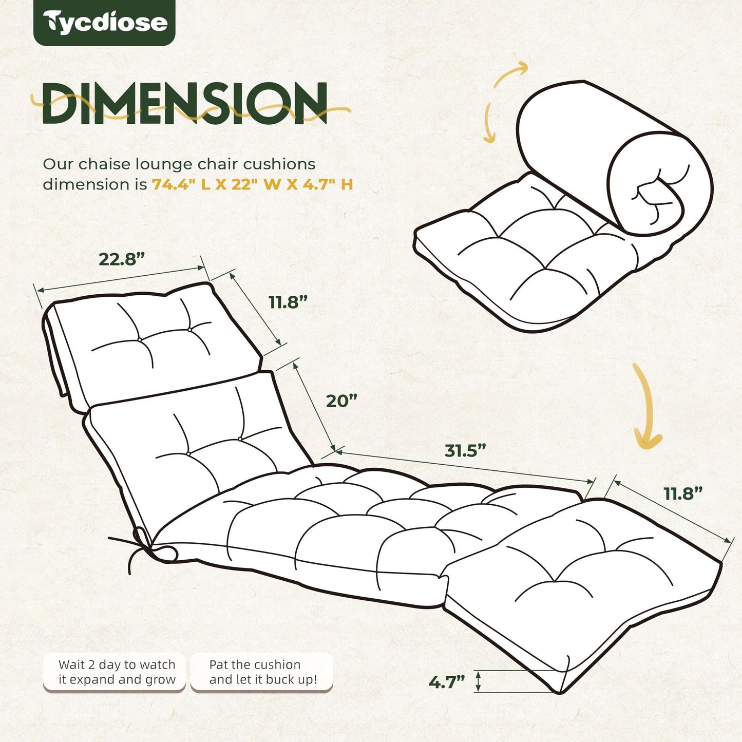 Tycdiose Outdoor Chaise Lounge Chair Cushion Waterproof 74.4 x 22 x 4.7 Inches Memory Foam Lounge Chair Cushions Replacement for Outdoor Furniture with Ties, Thickened Pool Lounge Chair Cushion, Green