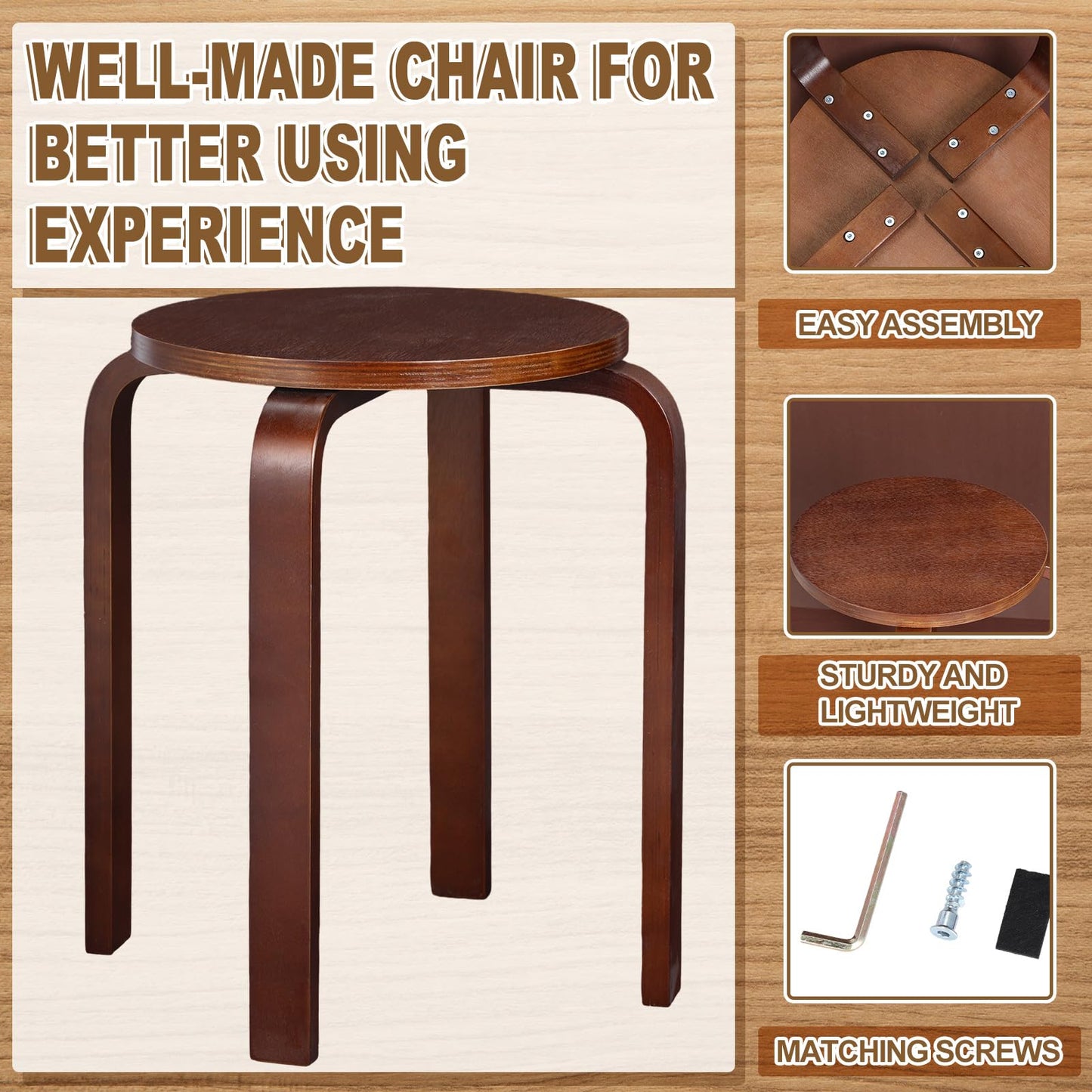 FairySandy Stackable Bentwood Stools, 18 Inch Height Black Wooden Backless Counter Chairs with Round Top, Portable Stool for Kitchen Dining Classroom Home Living Room Furniture(Dark Coffee,4 Pieces)