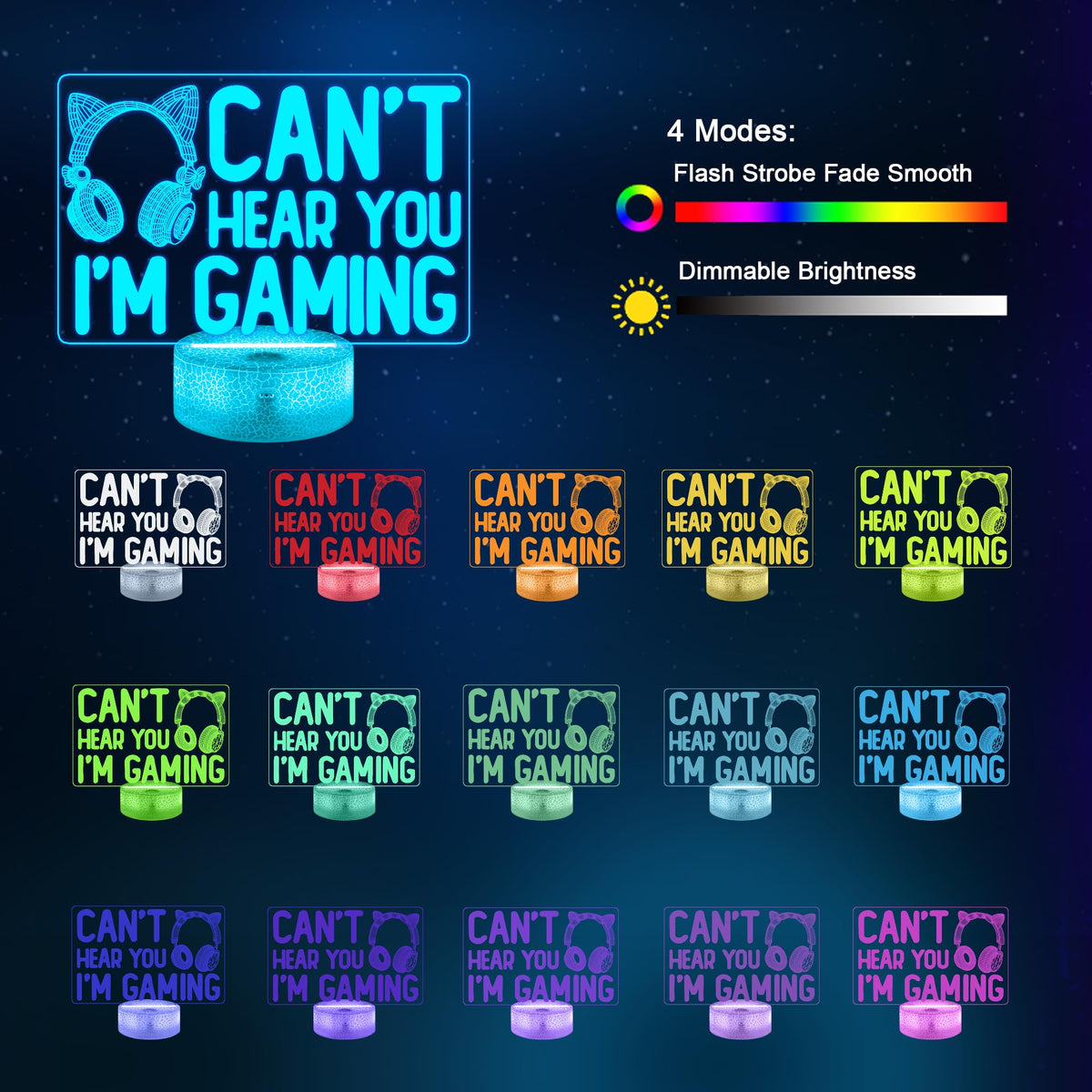 YuanDian Can't Hear You I'm Gaming Night Light, Headset Graphic Video Games Gamer Gift Funny 3D Illusion Lamp 16 Colors Changing Touch & Remote Control for Women Gamers Teenagers and Girls