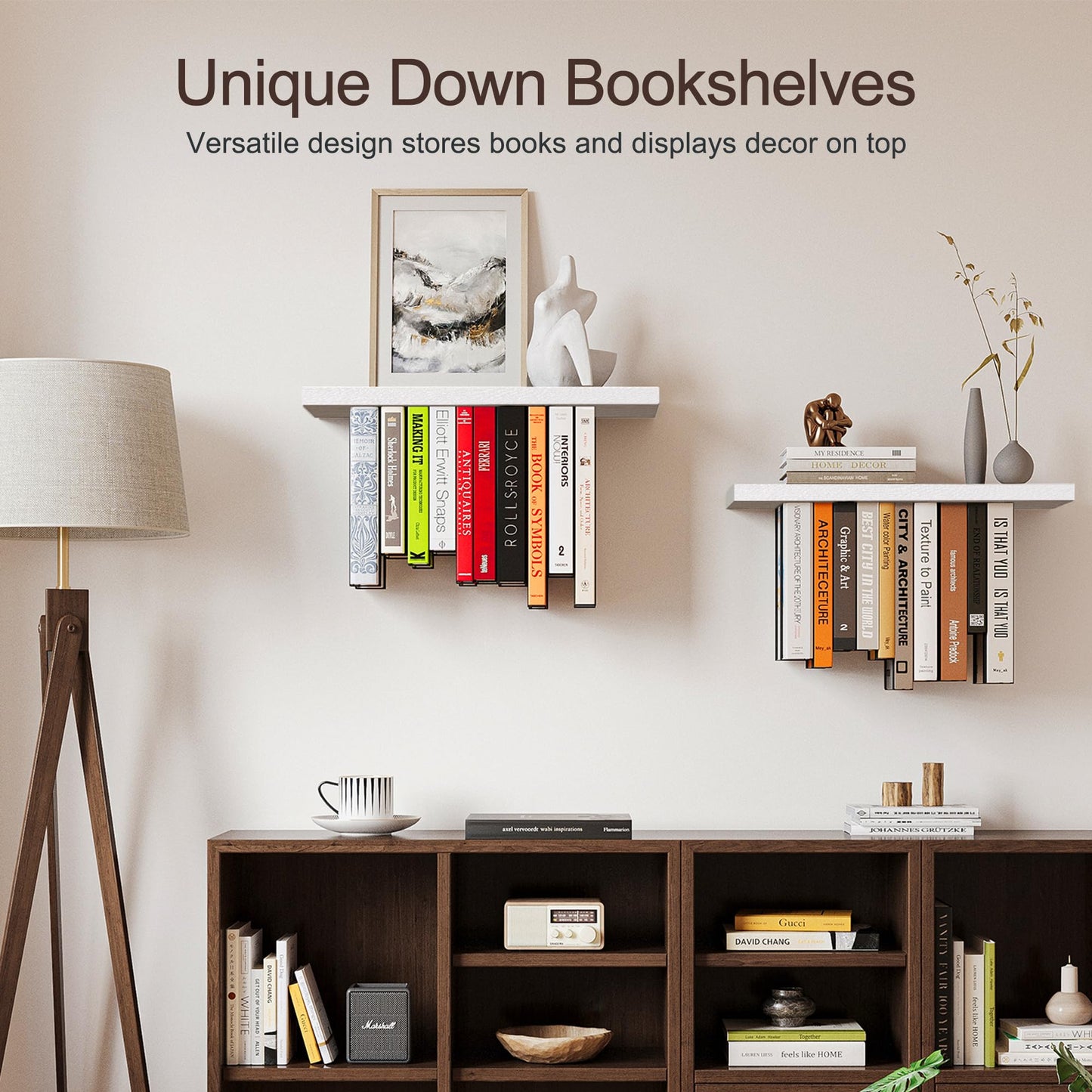 BUTUNITA Floating Bookshelves for Wall, Rustic Wood Hanging Wall Bookshelf, Upside Down Book Shelf and Wall Mounted Bookshelves for Home Decor in Bedroom, Living Room, White 2 Pack