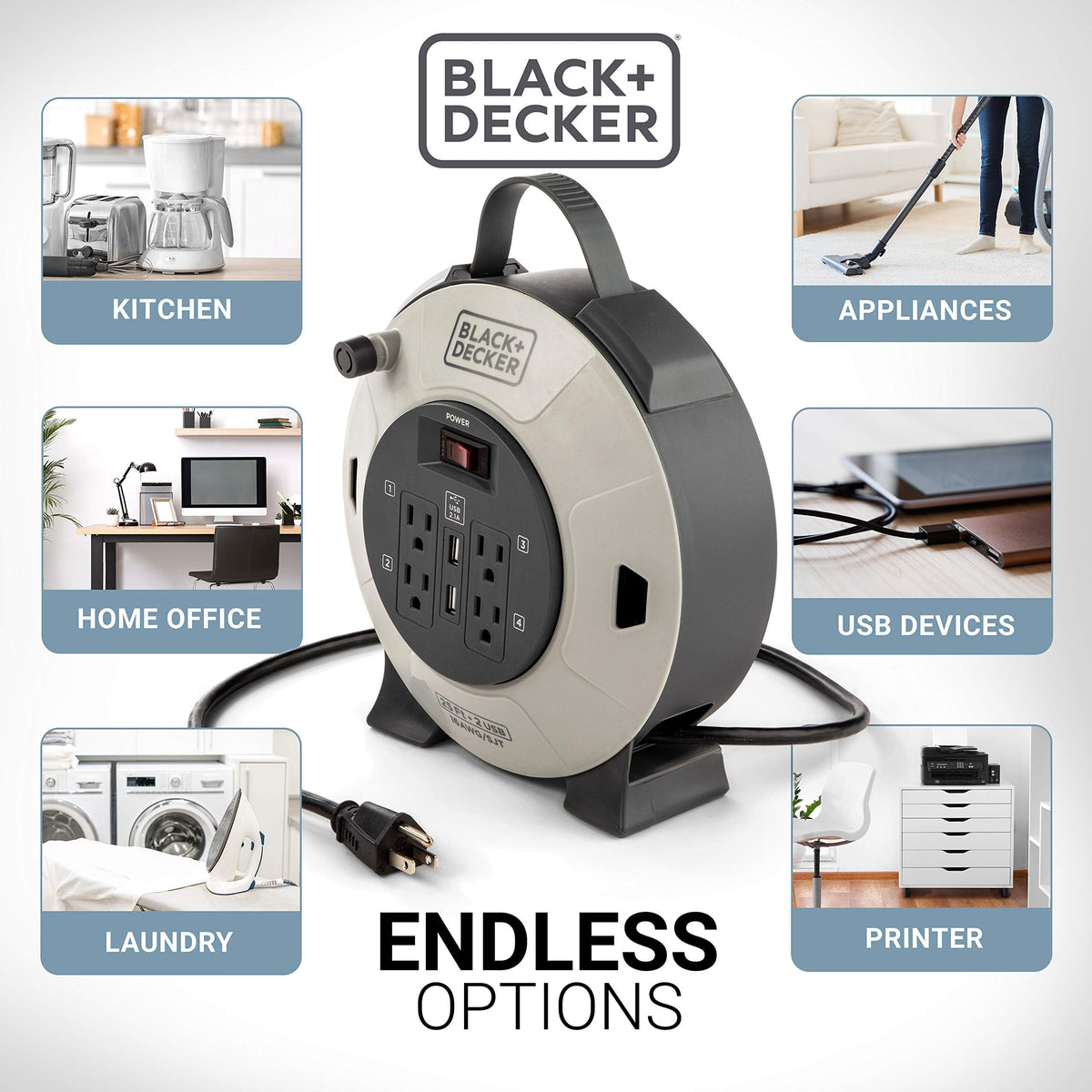 BLACK+DECKER 25 Ft. Retractable Extension Cord Reel with 4 Outlets, 2 USB Ports, Multi-Plug Extension, On/Off Switch & Heavy-Duty 16AWG SJT Cable