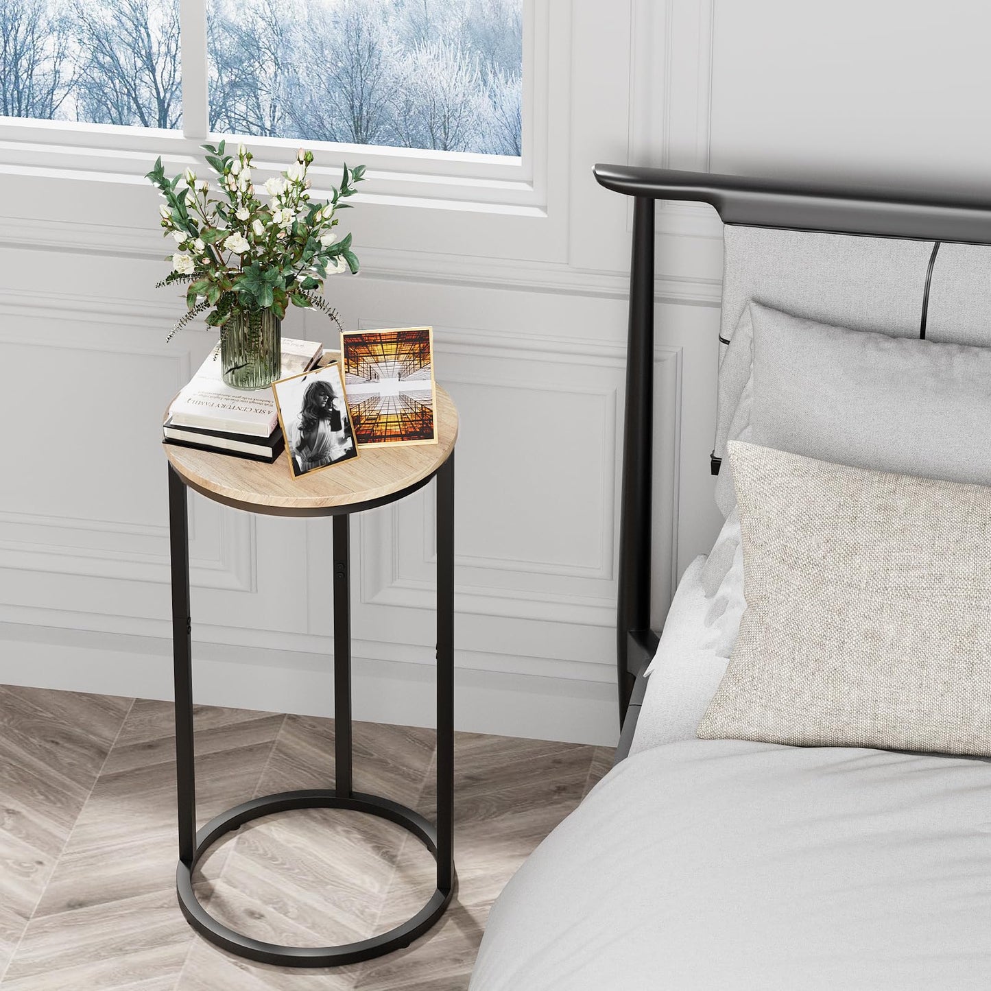 Katrawu C Shaped end Table, Round Side Table for Couch, Small Snack Sofa Table with Metal Frame for TV Tray, Bedroom, Living Room, Bedside (Oak)