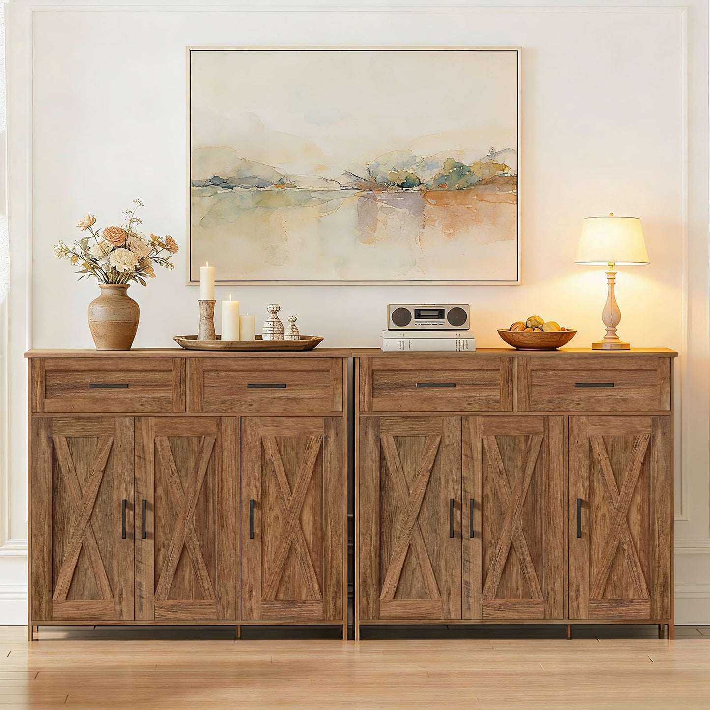 Homhedy Sideboard Buffet Cabinet, Coffee Bar Storage Cabinet with Drawers and Doors, Farmhouse Kitchen Cabinet with Adjustable Shelves, for Kitchen, Dining Room, Living Room, Rustic Walnut