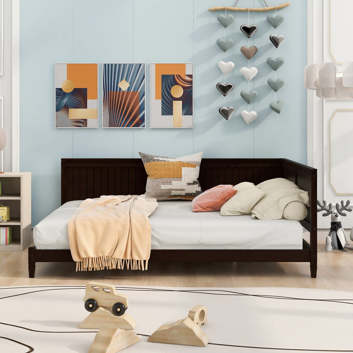 Bellemave Full Size Daybed, Wood Full Low Bed Frame with Headboard and Sideboard, Wooden Floor Sofa Bed with Slats Support for Kids Room, Bedroom, Living Room, Espresso
