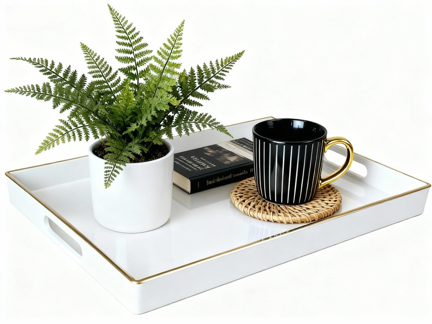 Zosenley Decorative Plastic Serving Tray with Handles, Modern Vanity Organizer for Bathroom, Kitchen, Ottoman and Coffee Table (White, Rectangular)