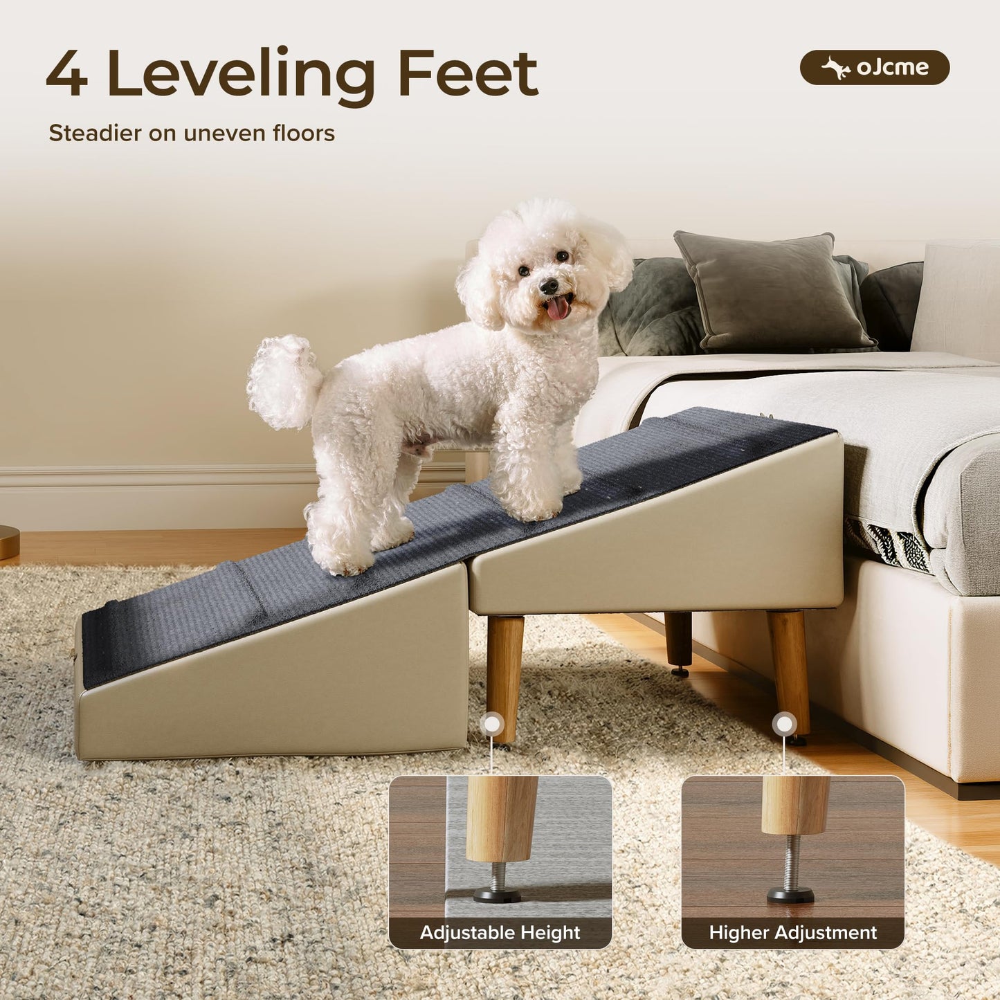 OJCME 2 in 1 Ottoman Dog Ramp with 6 Fabric-Covered Anti-Slip Grip Rails, Paw-Friendly Full Fabric Surface, 15.7 in Wide Stable Folding Pet Ramp Stool for Couch Bed, 4 Leveling Feet, 150 lb Capacity