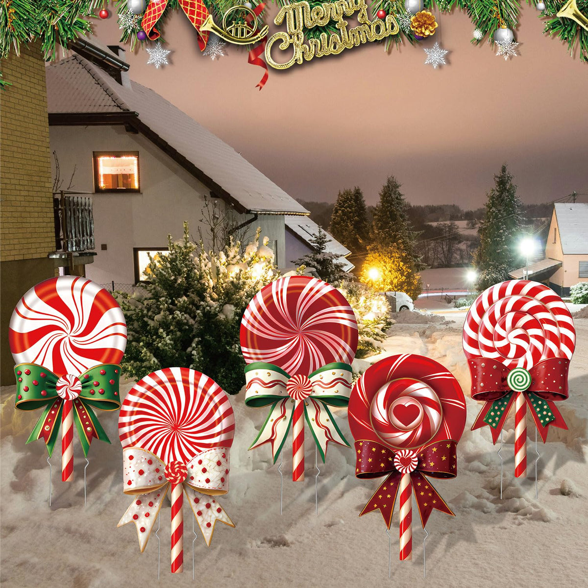 BoGlowHaven Outdoor Christmas Decorations Jumbo 24 Inch Lollipop Yard Signs 5ct with 20 Stakes 10 Fiberglass and 10 Metal Waterproof Holiday Christmas Decorations for and Garden Waterproof