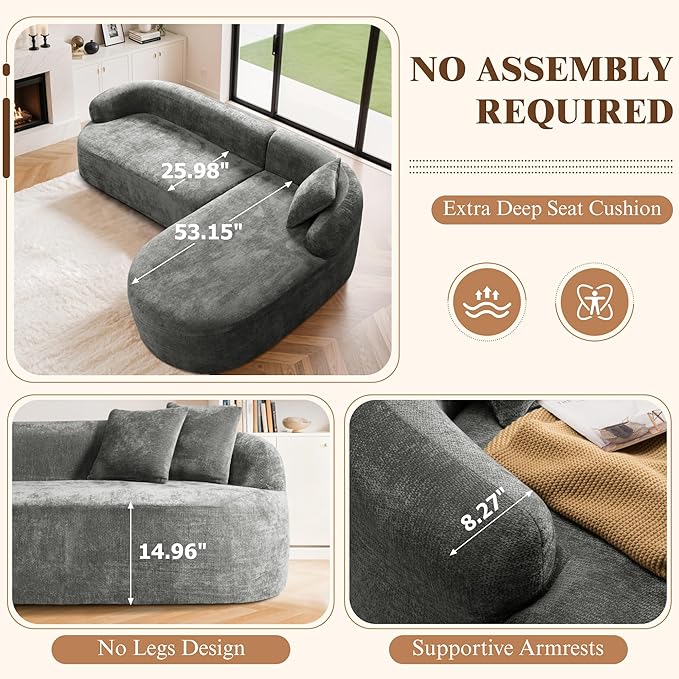 99" Curved Sectional Sofa with Chaise, Modern Boneless Couch with Deep Seat