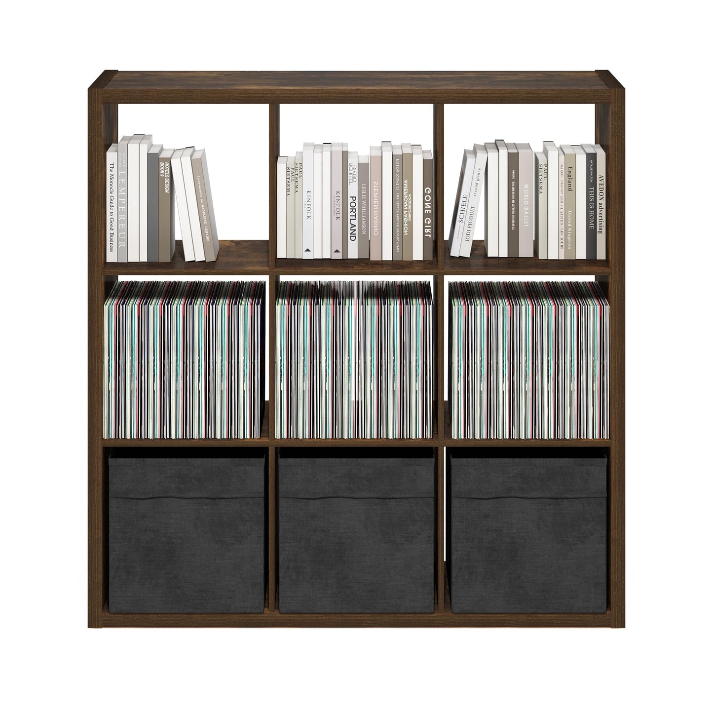 Furinno Cubicle Book Shelf, 9-Cube Bookshelf, Extra Thick Frame Reversible Bookcase with Open Back, 14.6" x 44" x 44", for Living Room, Bedroom, Home Office, Amber Pine