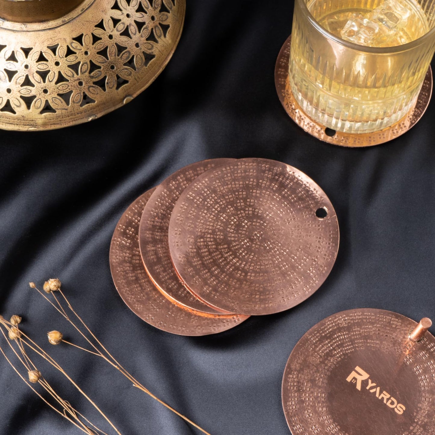 Copper Coasters Set of 4 with Holder - Premium Handmade Drink Coasters for Home & Bar - Elegant Copper Gift Set for Housewarming, Wedding, or Office