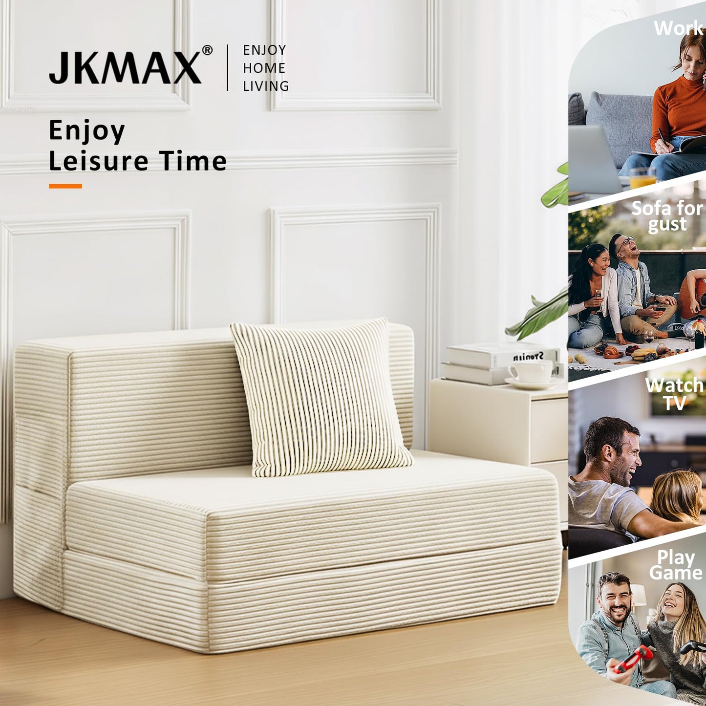 JKMAX Queen Size Folding Sofa Bed - 4 in 1 Convertible Sleeper Chair with Two Pillows - High Density Memory Foam Futon Couch - Foldable Bed for Living Room Bedroom (Beige)