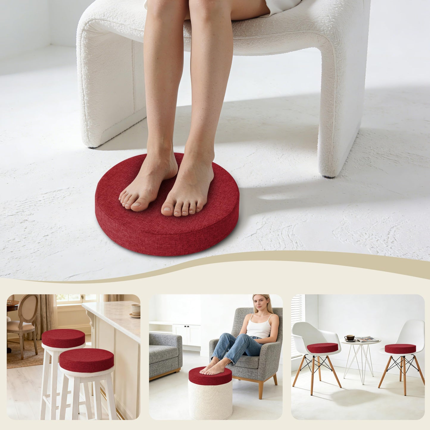 AddGrace 2.5" Thick Non Slip Round Chair Pad 1 Pack, 16" Round Chair Cushion with Machine-Washable Cover and Long Zipper, Seat Cushions for Kitchen, Office, Floor and 16" Ottoman, Red