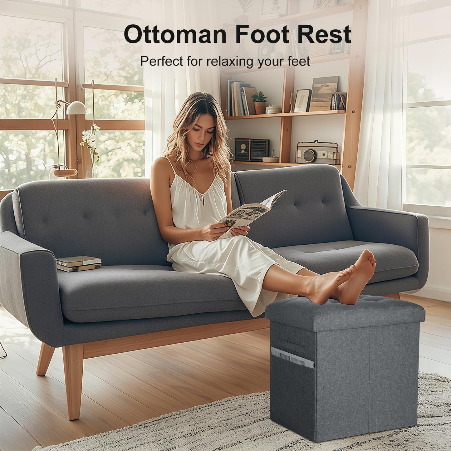 Storage Ottoman with Thicker Foam Padded Seat. 61L Slim Tall Foldable Foot Rest Stool with Linen Fabric, Ottoman with Storage Bench for Living Room Bedroom, 300lbs Weight Support, 17x13x17IN Dark Gray
