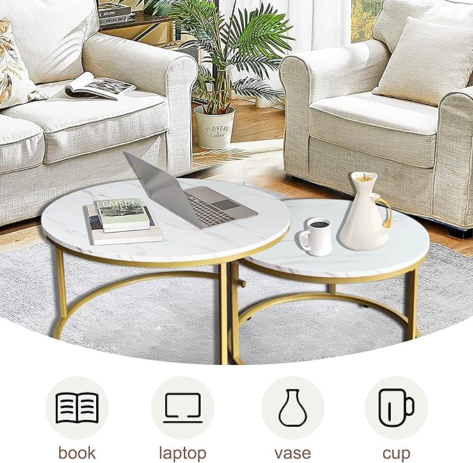 AT-VALY Coffee Table Set of 2 Nesting Tables, Round Sofa Table