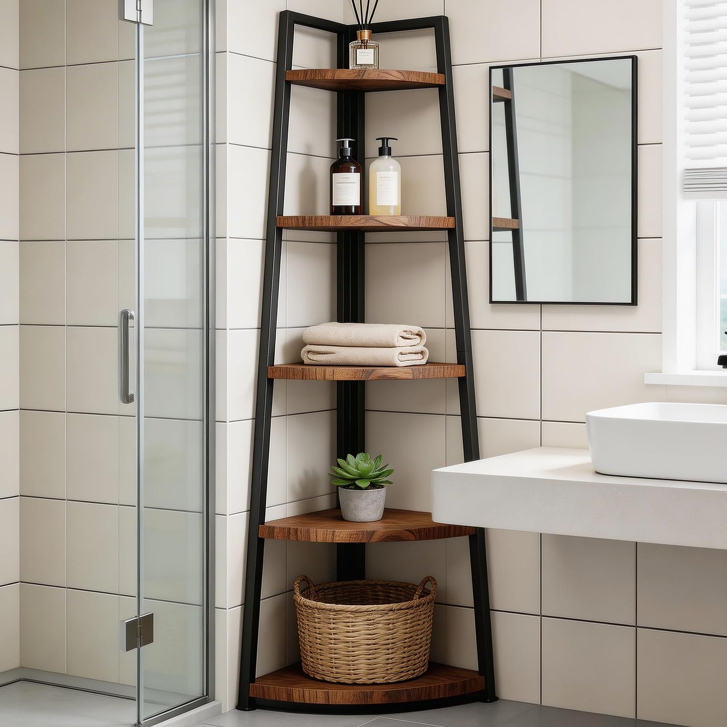 GUTECLOUD Soild Wood Corner Shelf, 5 Shelf Bookcase for Bathroom & Living Room, Tall Corner Bookshelf with Ladder Design, Space Saving Corner Bookcases (Brown)