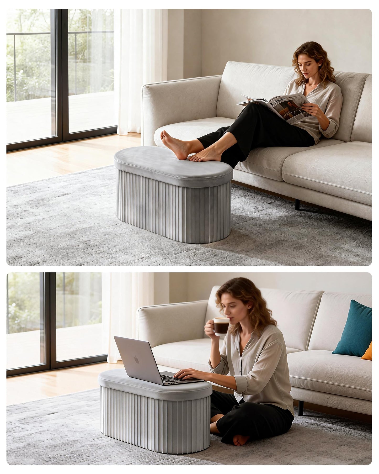 GLAXYFUR Folding Storage Ottoman, Velvet Upholstered Foot Rest, 30 Inches Oval Storage Bench for Bedroom, Living Room & Entryway (Light Grey)