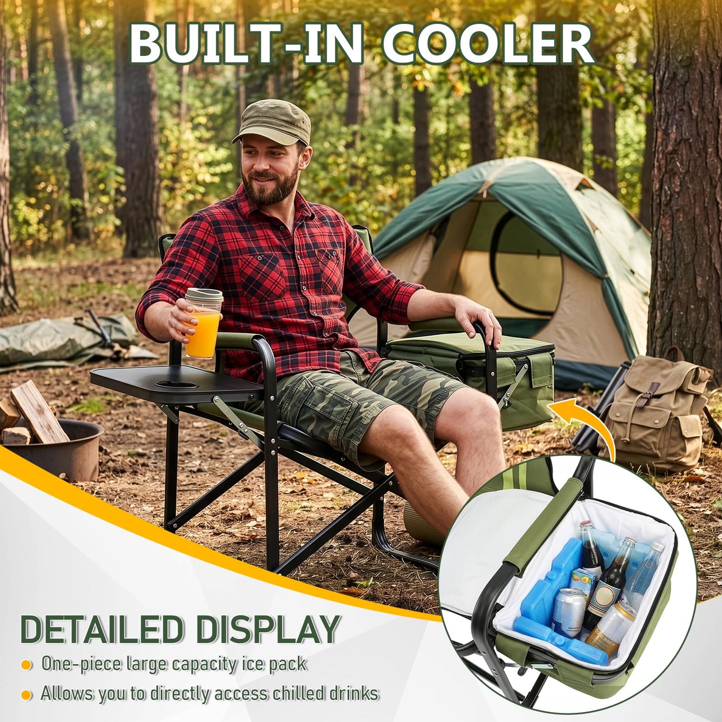 Outvita Heavy Duty Folding Camping Director Chair with Insulated Cooler Bag, Side Table & Cup Holder, 300LBS Sturdy Portable Chair for Camping Fishing Tailgating Backyard BBQ