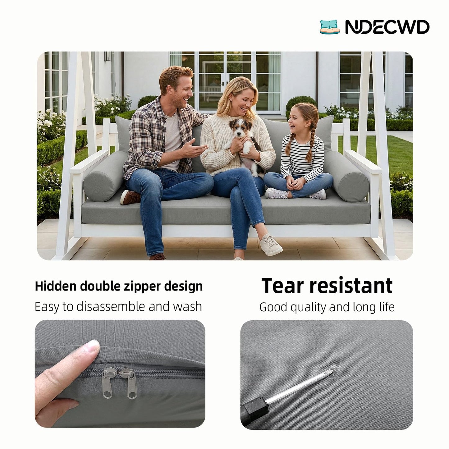 Twin Size Daybed Cushion Cover, Water-Repellent Porch Swing Mattress Cover (Fits 6" Depth), Heavy-Duty UV Resistant Patio Bed Protector with U-Shaped Zipper, Cover Only (Light Grey, 75 * 39 * 6in)