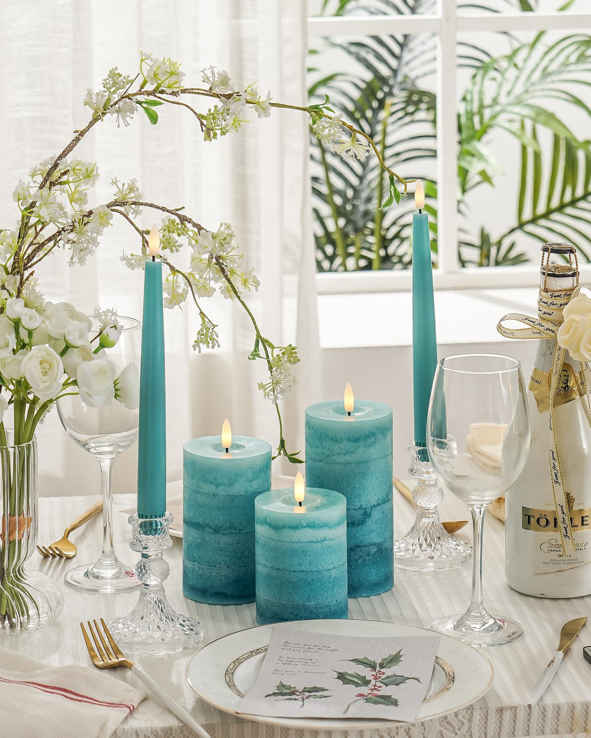 Stmarry Gradient Teal Flameless Candles with Remote and Timer, Real Wax Made LED Pillar Candles Battery Operated with 3D Flickering Flame - 3" x 4",5",6" - Set of 3 Turquoise Candles