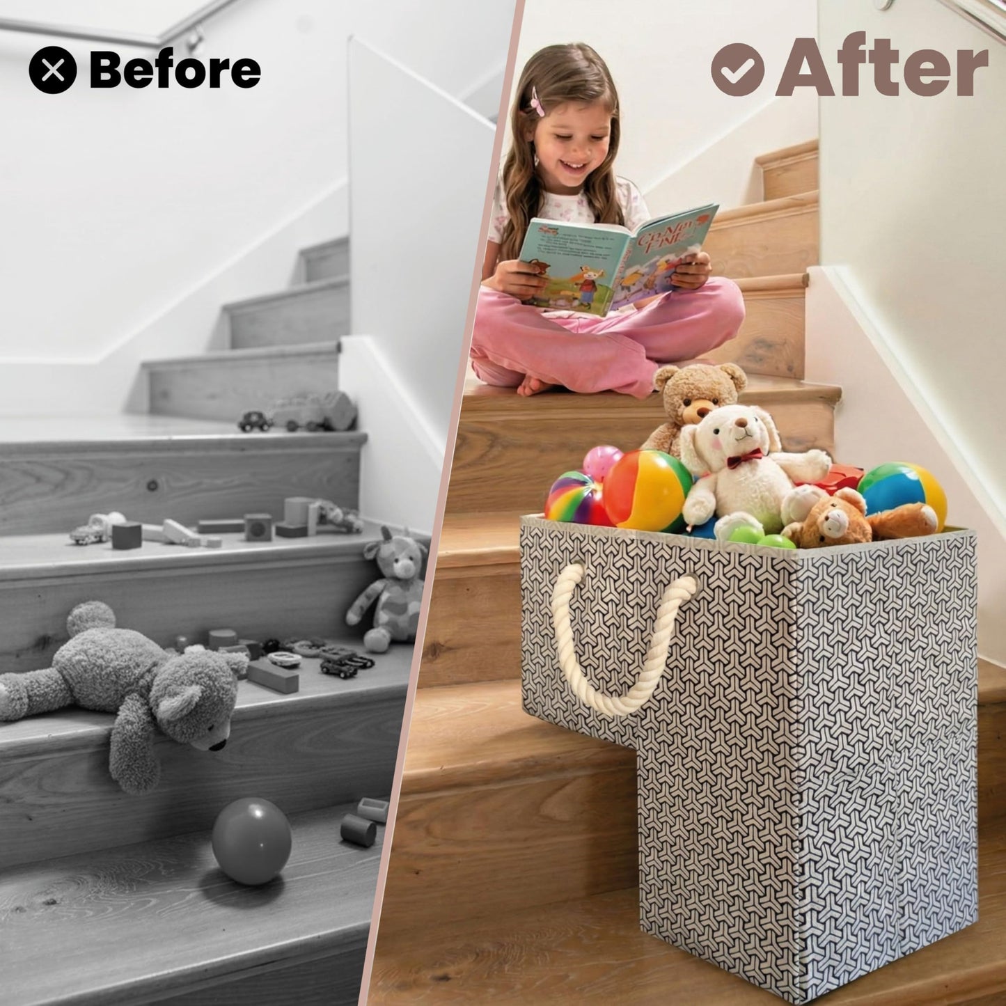 Stair Basket with Modern Geometric Pattern - Foldable Stair Baskets for Carpeted Stairs - Stairway Organizer with Cotton Handle and Pockets for Organizing and Decluttering Your Home