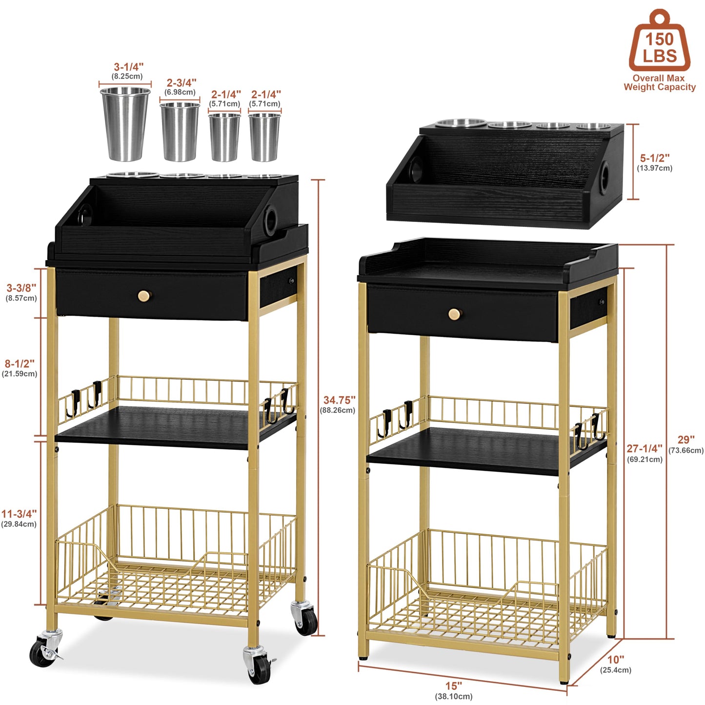 NauwaBarn Large Makeup Organizer Cart with Hair Tool Holder, Rolling Makeup Cart with Drawer, 2-in-1 Vanity Organizer Cosmetic Display Cases for Skin Care Perfume Nail Polish Brush Tools, Gold & Black