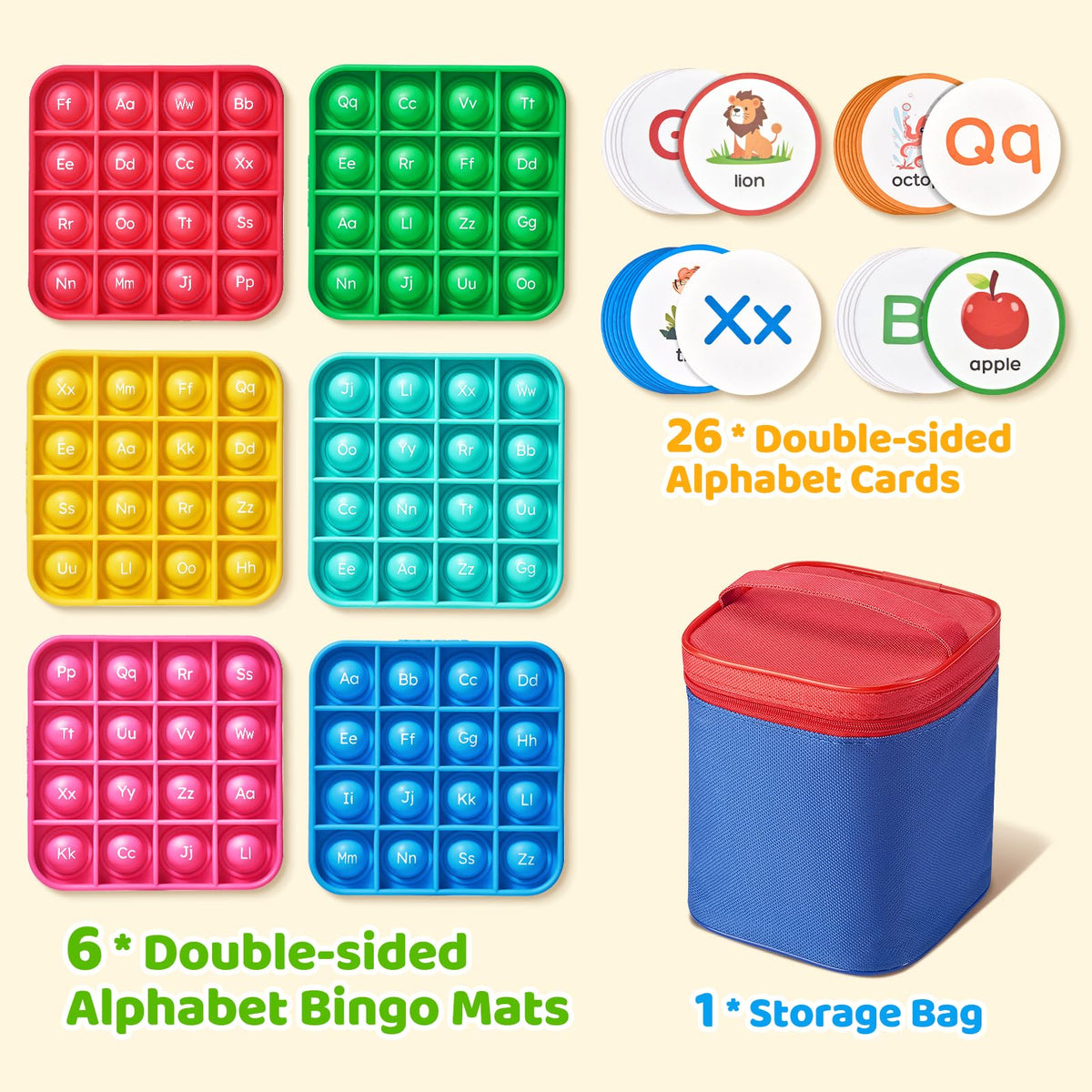 JoyCat Alphabet Bingo Game for Kids Ages 3-5, Sensory ABC Learning Toy with 6 Reusable Silicone Bingo Boards, 26 Double-Sided Letter & Picture Cards, Preschool Kindergarten Classroom Game