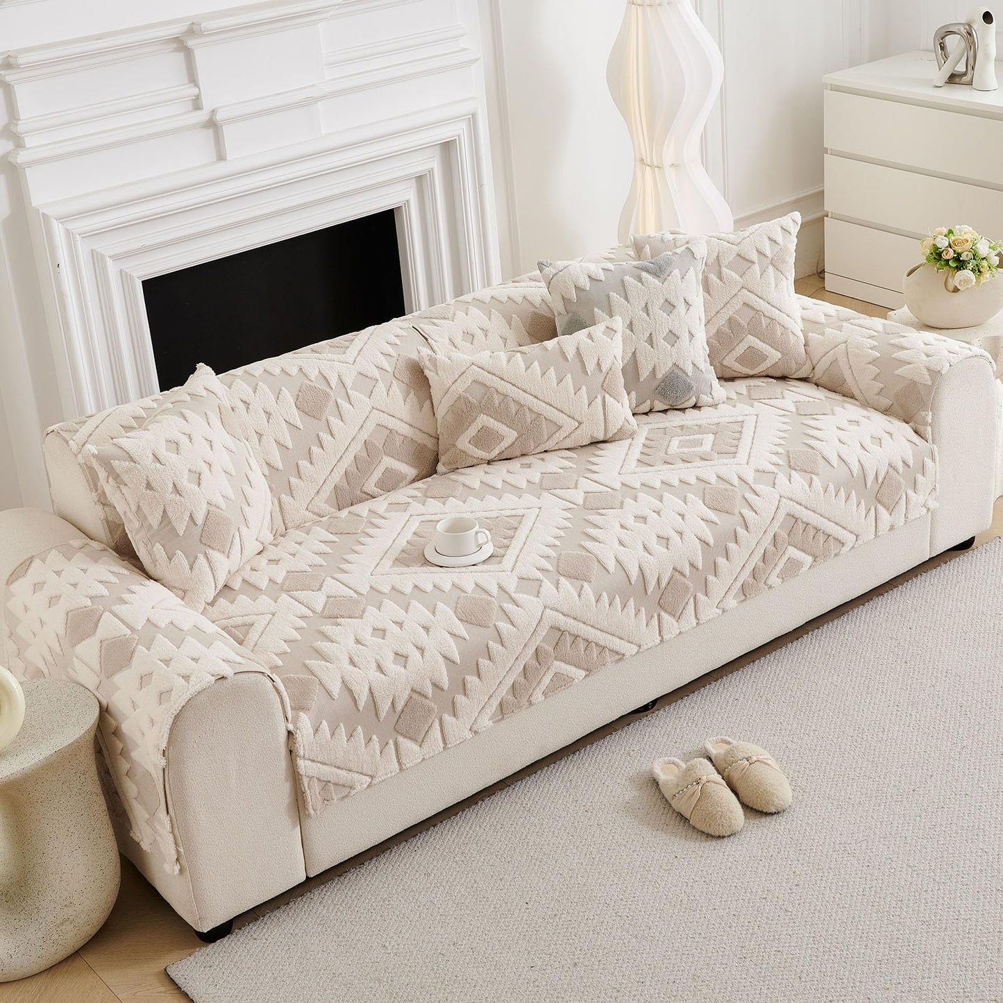 XSlive Boho Plush Couch Covers for Sofa Washable, Fuzzy Soft Couch Cover for Sectional Sofa, Non Slip Jacquard Sofa Cover Furniture Protector for Kids, Pets (Light Coffee,28"x70")