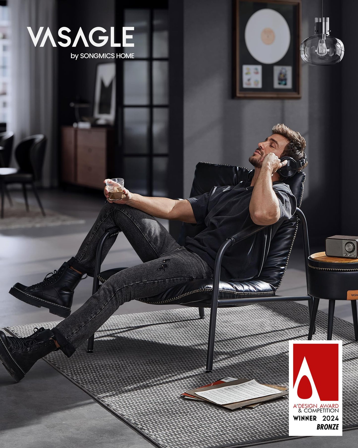 VASAGLE EKHO Collection - Accent Chair, Metal Framed Armchair, Synthetic Leather with Stitching, Mid-Century Modern, Sling Chair for Living, Bedroom, Reading Room, Lounge, Ink Black ULAC014B01