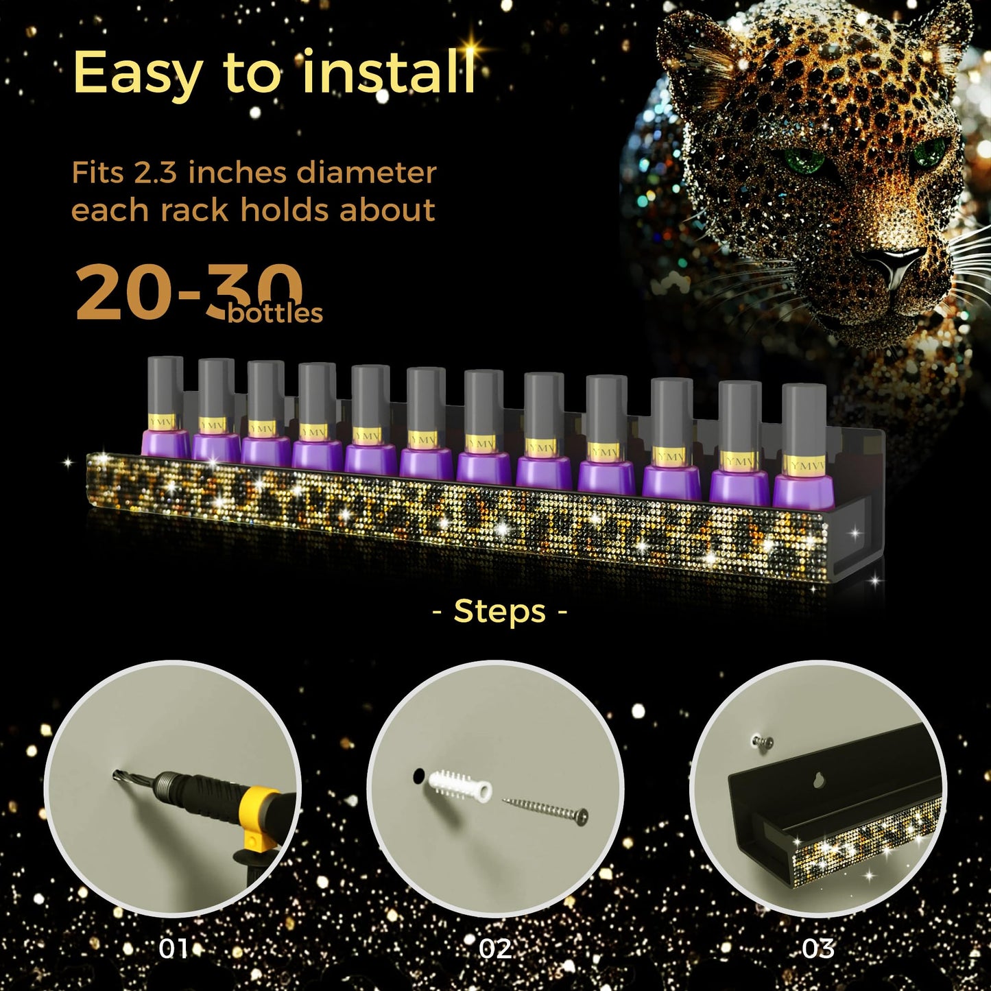 Nail Polish Wall Shelf -15 Inch Acrylic Black with Bling Leopard Print Sparkling Crystal Rhinestone, Essential Oil Organizer, Sunglasses Picture Display, Nail Polish Rack for Bedroom, Studio 4 Pack