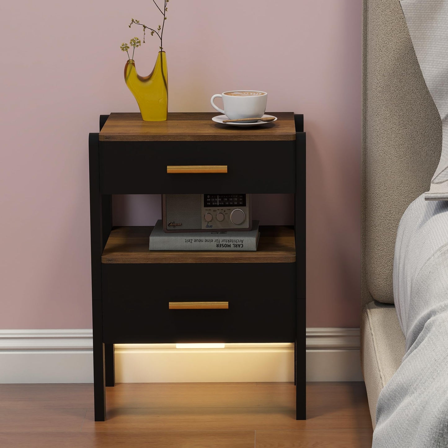 Tltaroni Nightstand with 2 Drawers and Open Shelf Wooden Bedside Table Gold Handles Modern Storage Night Stand Sensor Light for Bedroom, Black and Brown