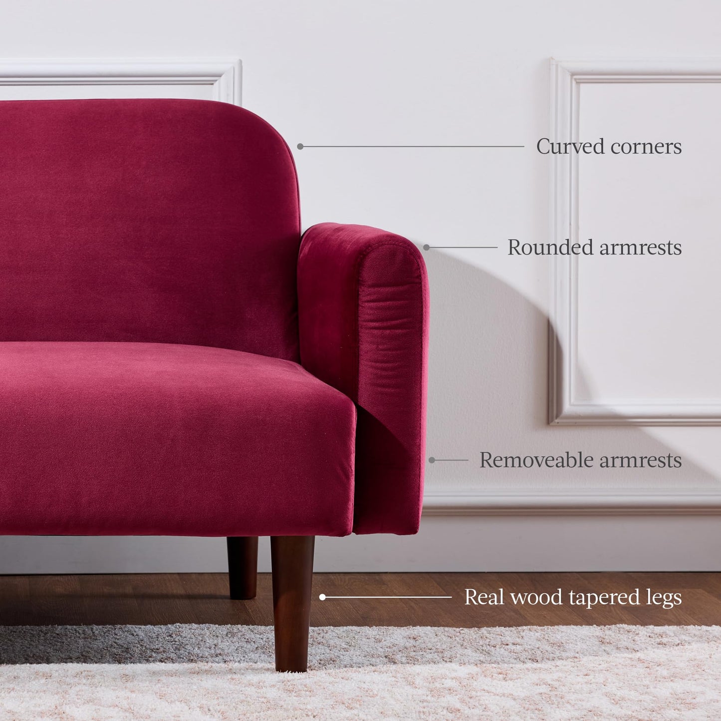 Best Choice Products 77" Mid Century Modern Velvet Loveseat Sofa, Couch, Convertible Sofa Sleeper Bed w/Real Wood, Removable Armrest - Raspberry