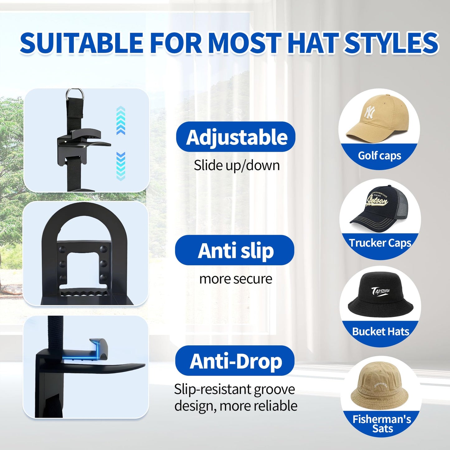 Aitsuremoom Hat Rack for Door, Over the Door Hat Organizer for Baseball Caps, Adjustable Cap Storage with 10 Two-Way Hanging Display Hooks, No-Drill Space-Saving for Bedroom Closet Entryway, 1 Pack