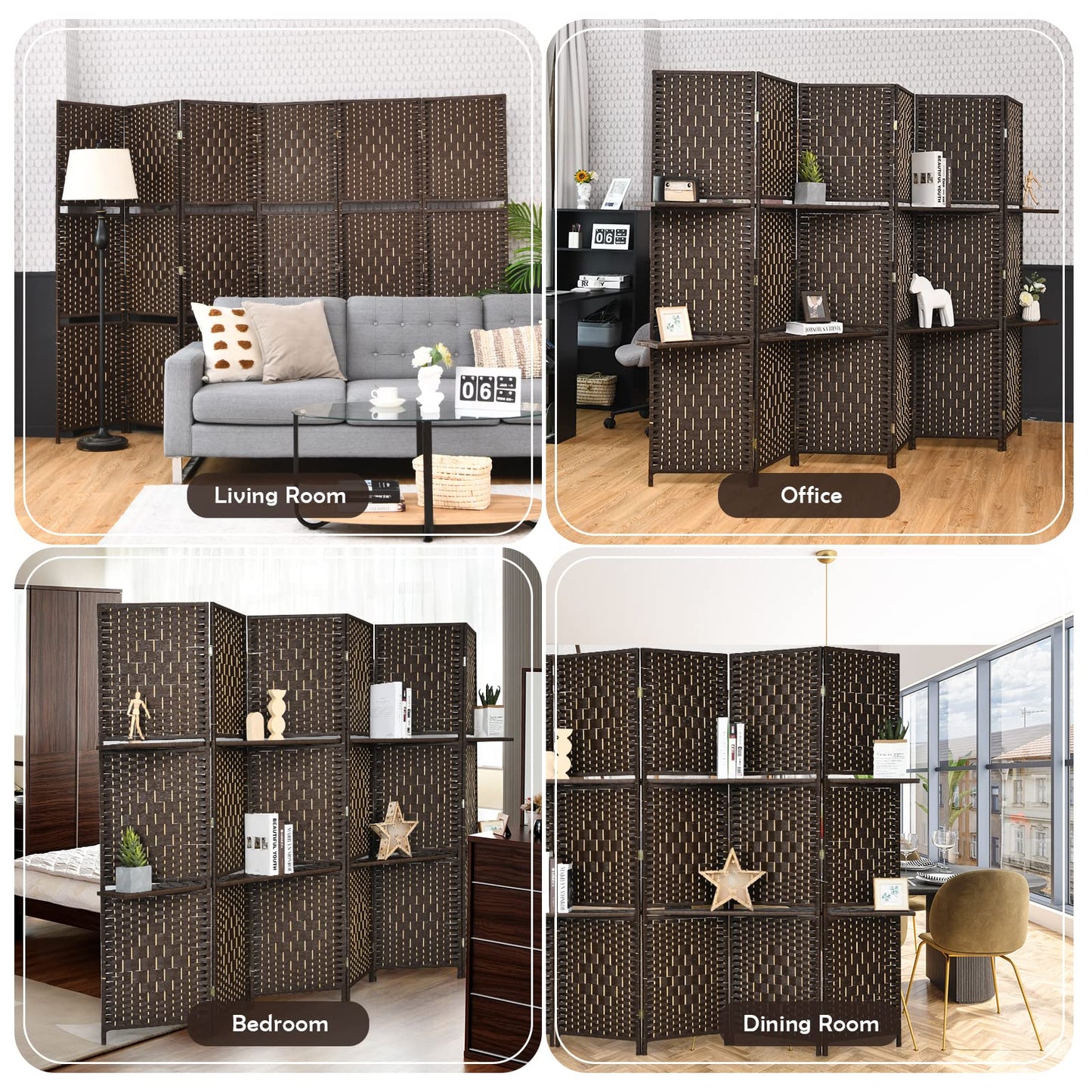 Giantex 6Ft 6 Panel Room Divider with Shelves, Freestanding Hand-Woven Rattan Folding Privacy Screens for Room Separation, Wooden Partition Room Divider Wall for Home Office Studio Separator