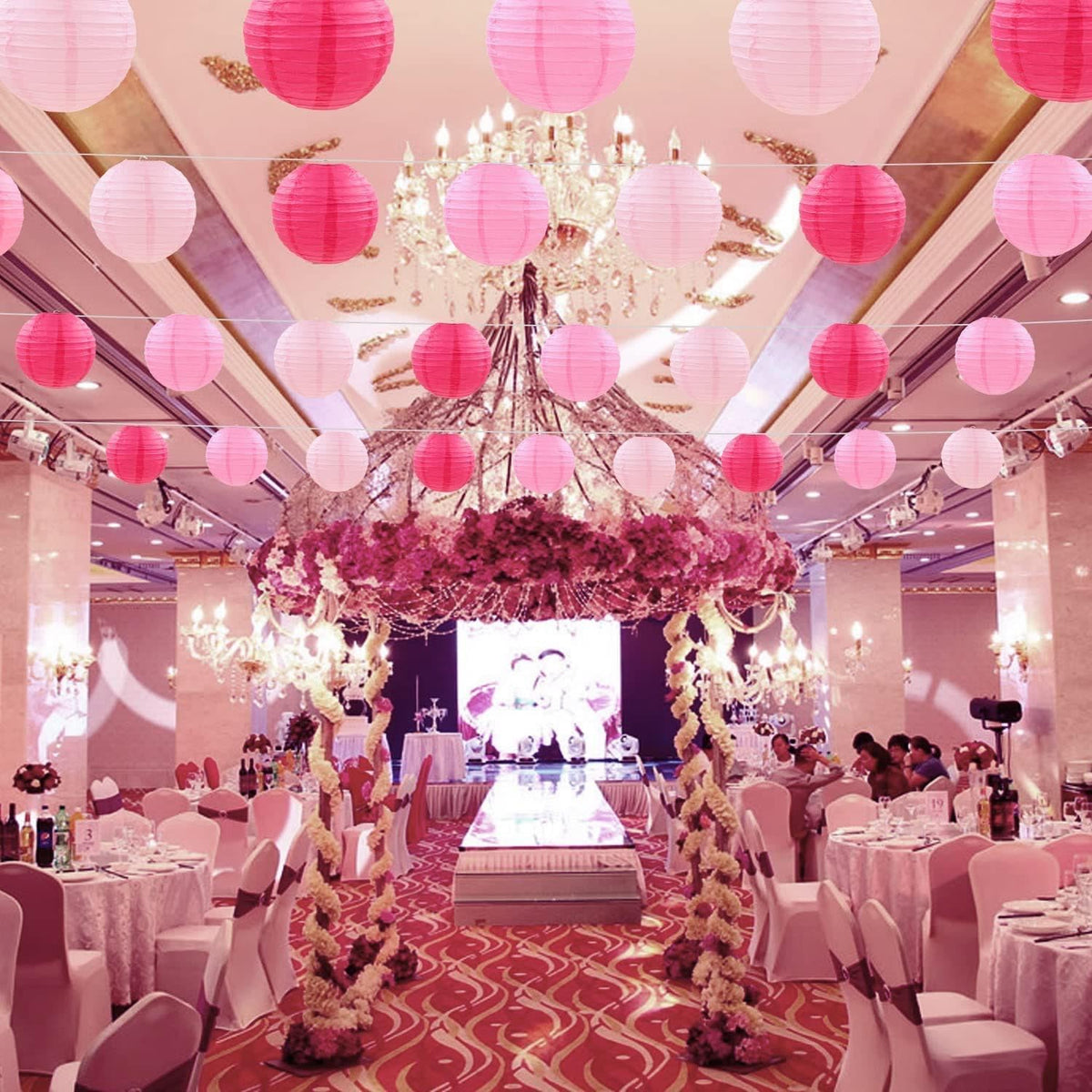 SIPRKAICT Pink Paper Lanterns Party Decorations,12pcs Hanging Paper Lantern for Wedding,Engagement,Bachelorette,Baby Shower,Valentine's Day,Birthday Party