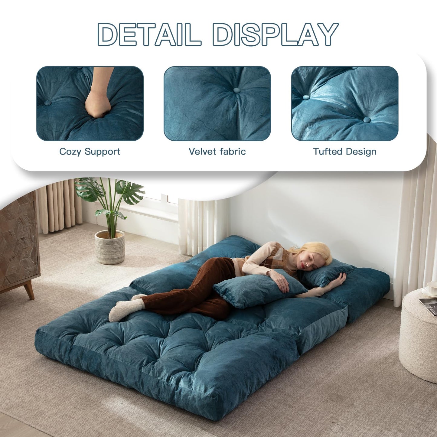 Folding Sofa Bed, Convertible Sleeper Chair with Pillow Foldable Mattress with Back Support, Portable Fold Out Chair Bed Comfy Floor Sofa Lounge for Living Room Bedroom, Blue Full 80x54 Inch