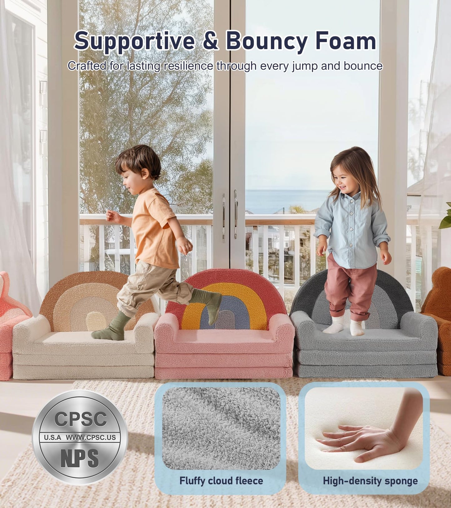 little dove Extra Wide Soft Kids Couch Fold Out, 2-in-1 Kids Couch, Convertible Kid Sofa, Kid Furniture for Playroom, Ideal Gifts for Boys & Girls Ages 3+, Gray