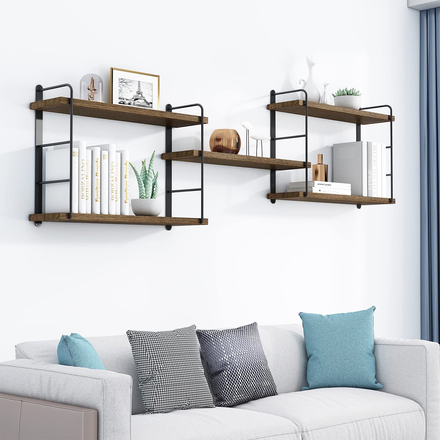 MXCSE Wall Shelves, Wall Mounted Bookshelves, DIY Floating Shelves for Wall, Wood Hanging Book Shelves for Room, Bedroom, Living Room, Easy Installation, 5 Shelves (Brown, 50W x 17H)