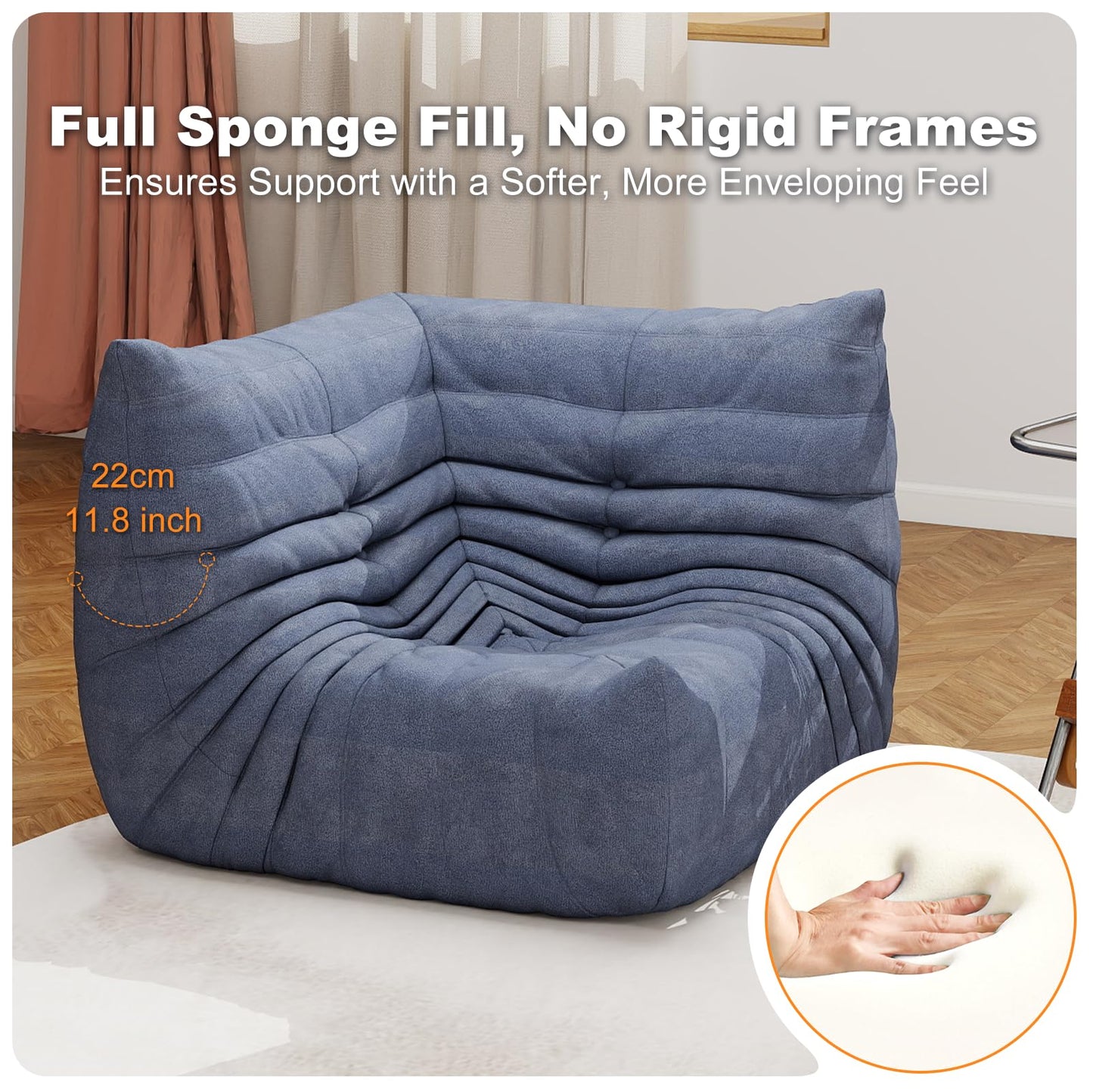 Full Foam Corner Chair – Comfortable Floor Couch for Adults, Waterproof Upholstery, Armless Fireside Lounge Chair for Living Room, Apartment, or Office (Grey)