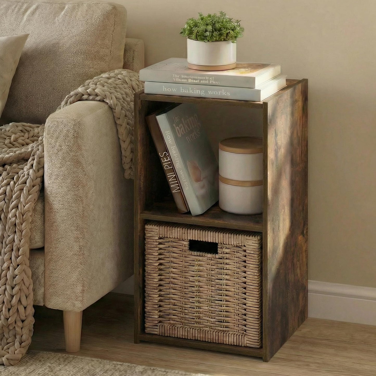 Furinno PELLI Book Shelf, 2-Cube Bookshelf with Open & Closed Back Cubes, 2 x 1 Storage Organizer Cabinet, 12.2 x 11.6 x 24.2, for Living Room, Bedroom, Home Office, Amber Pine