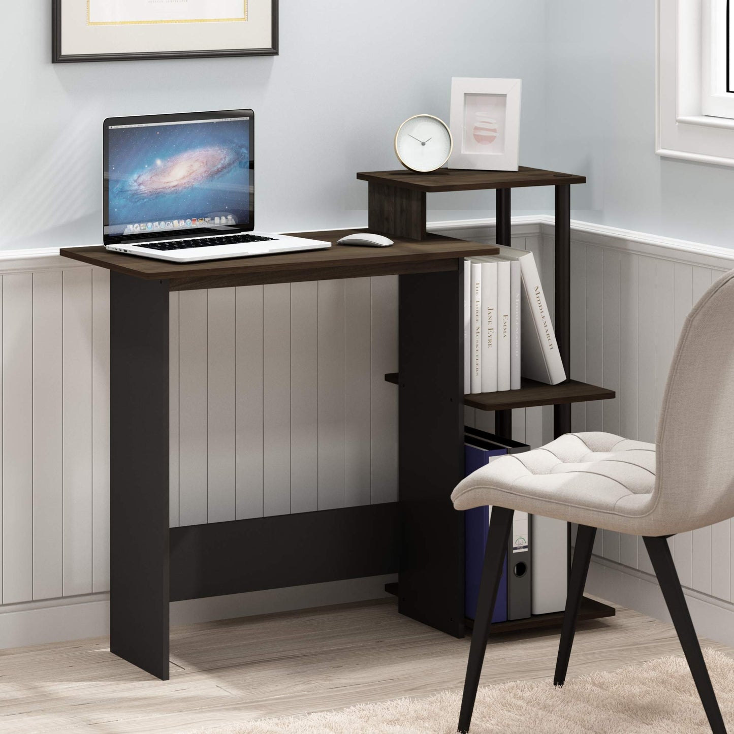 Furinno Efficient 29-Inch Brown Computer Desk, Office Desk with 3 Side Shelves, Rectangular Home Office Desk, Gaming Desk for Home Office, Bedroom, Study Room, Brown Walnut