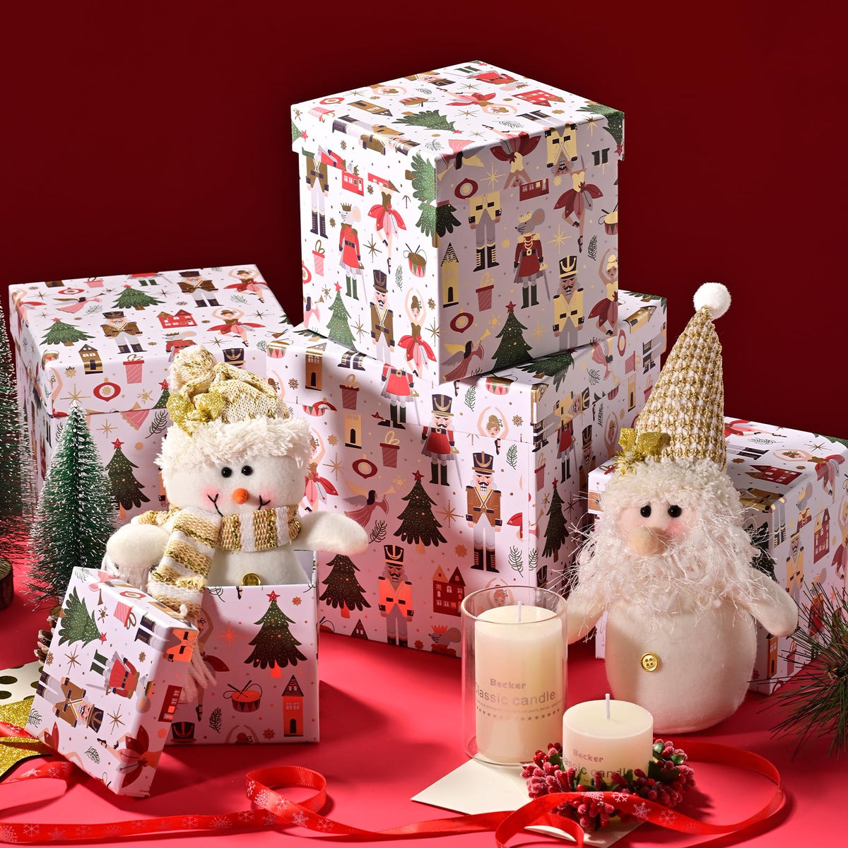 PAPER FAIR 5PCS Christmas Nesting Gift Boxes with Lid, Xmas Nested Box Set, 5 Sizes, Square Stackable, White Ballerina Nutcracker Paper Box Tower Décor, for Holiday Thanksgiving New Year Packaging