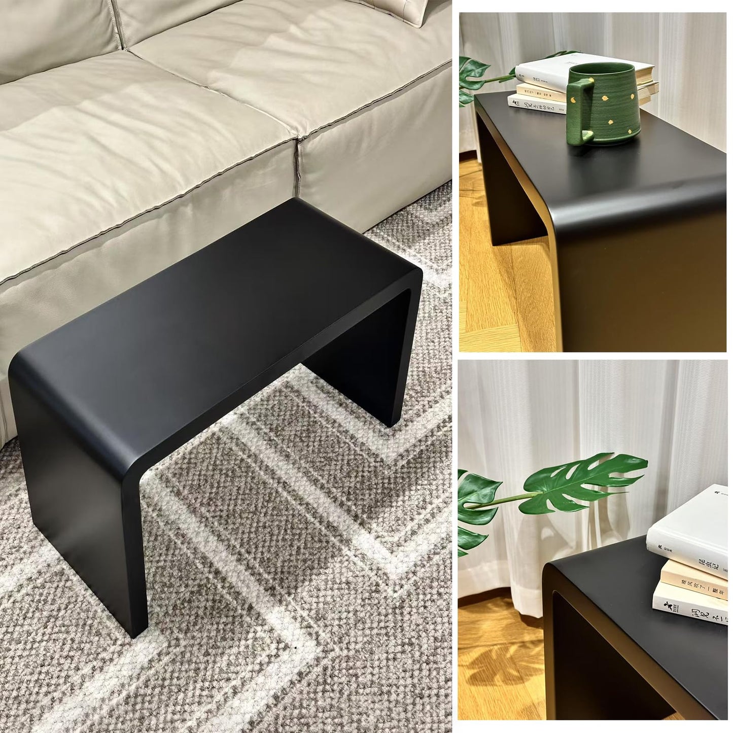 H24.4in C Shaped End Table, Black Solid Wood Sofa Side Table for Couch/ Bed/Living Room, Space-Saving Small Snack Table for Bedroom, Office, or Balcony, Wooden Nightstand for Laptop and Narrow Spaces