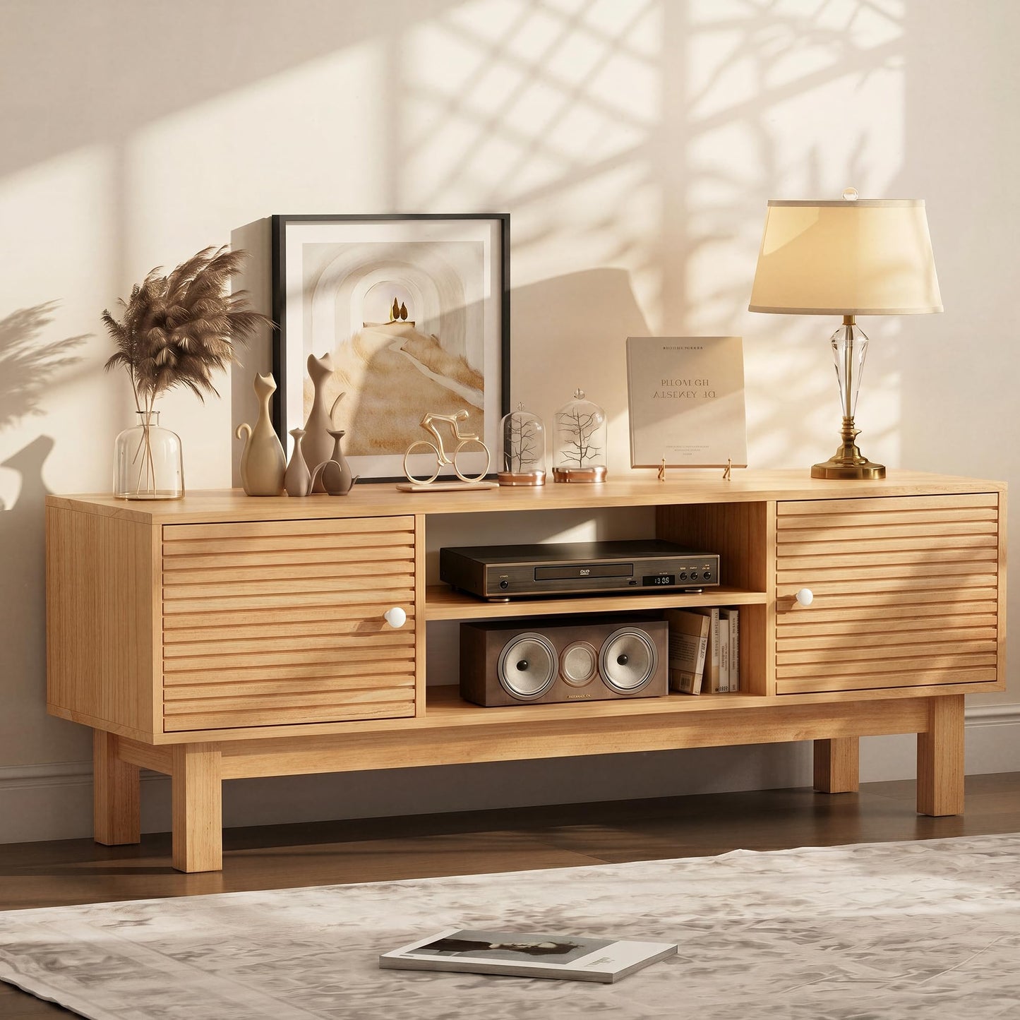 YOSHOOT Mid Century TV Stand for 55 inch TVs, Modern Entertainment Center with Storage Cabinets, Solid Wood Media Console with Open Shelves for Living Room & Bedroom, Natural