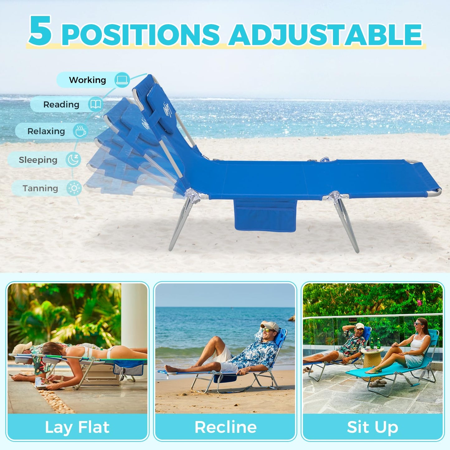 #WEJOY Folding Tanning Chair with Face Hole, 5-Position Face Down Beach Lounge Chair for Sunbathing, Lightweight Portable Outside Recliner with Side Pocket & Shoulder Straps for Pool, Patio, Blue