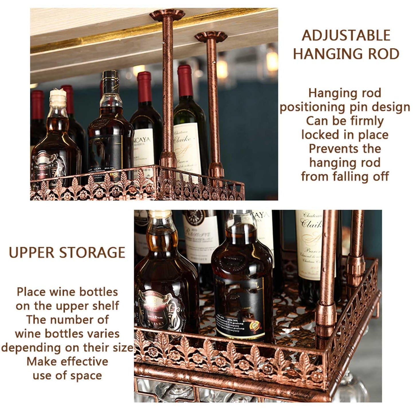LWJQRSP European Hanging Wine and Coffee Glass Rack Adjustable Height Ceiling Bottle Holder Elegant Carved Design for Bars Restaurants and Cafés - Space-Saving Storage Solution