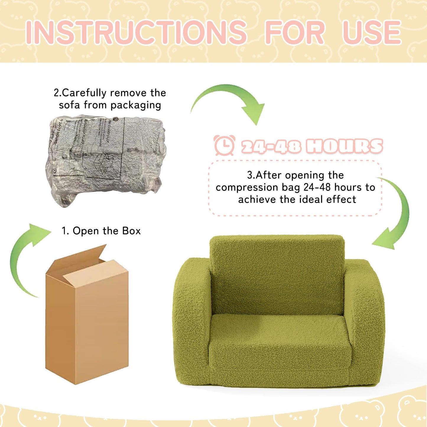 Toddler Couch, 2-in-1 Toddler Chairs Comfy 1-3 Years Old, Toddler Chair for Girls and Boys, Kids Couch Bed Fold Out, Convertible Baby Sofa to Lounge Chair for Playing, Reading, Napping, Green